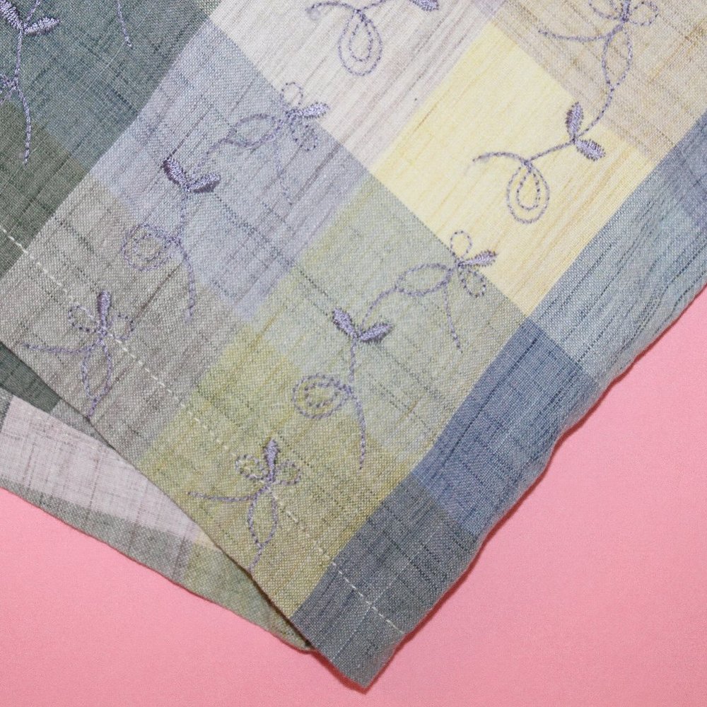 Vtg Linen Plaid Embroidered Pastel Button-Up Shirt - Picture 6 of 8